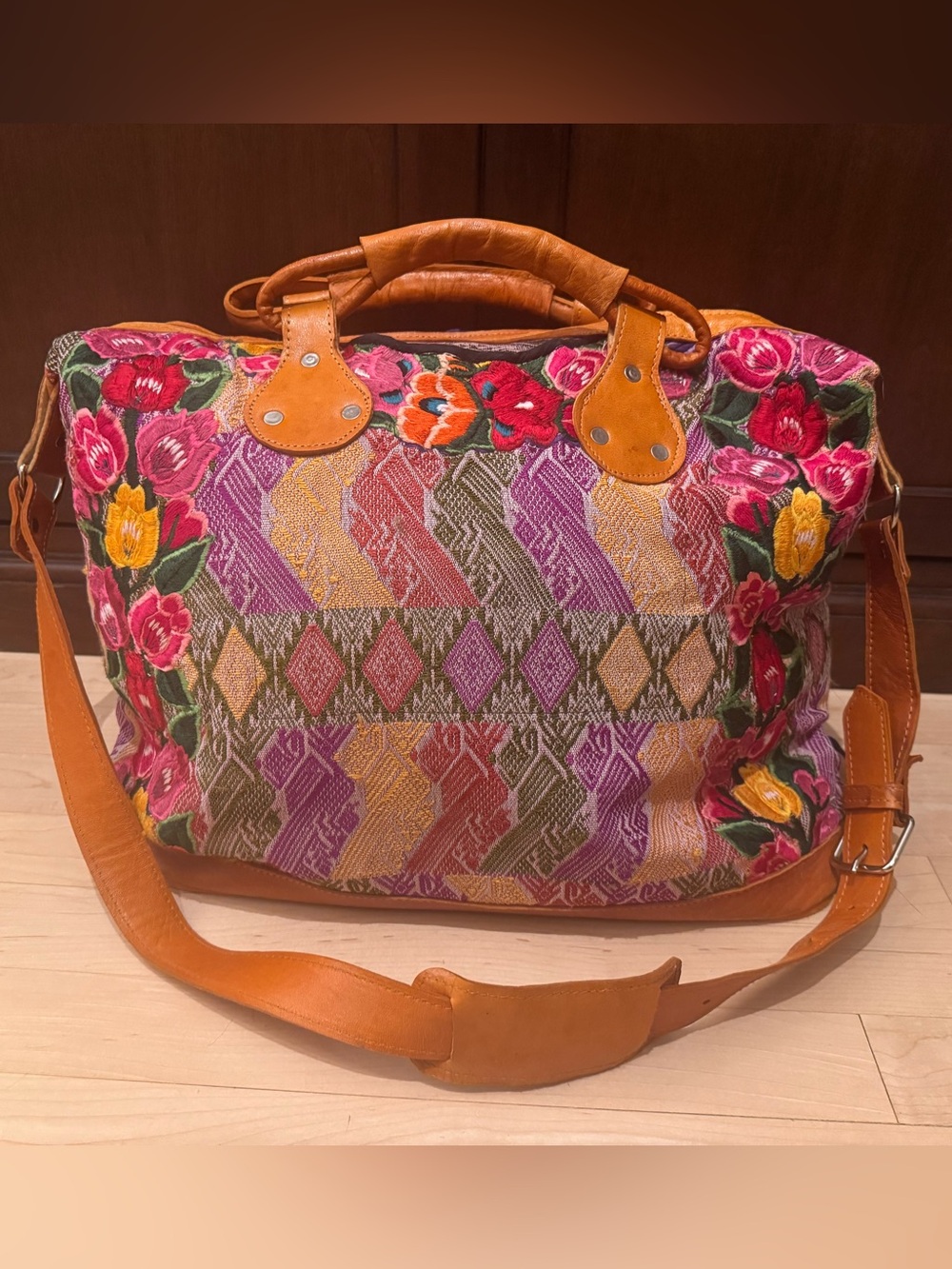 Guatemalan Huipil Embroidered Dual Sided Weekender Bag with Tan Leather Trim